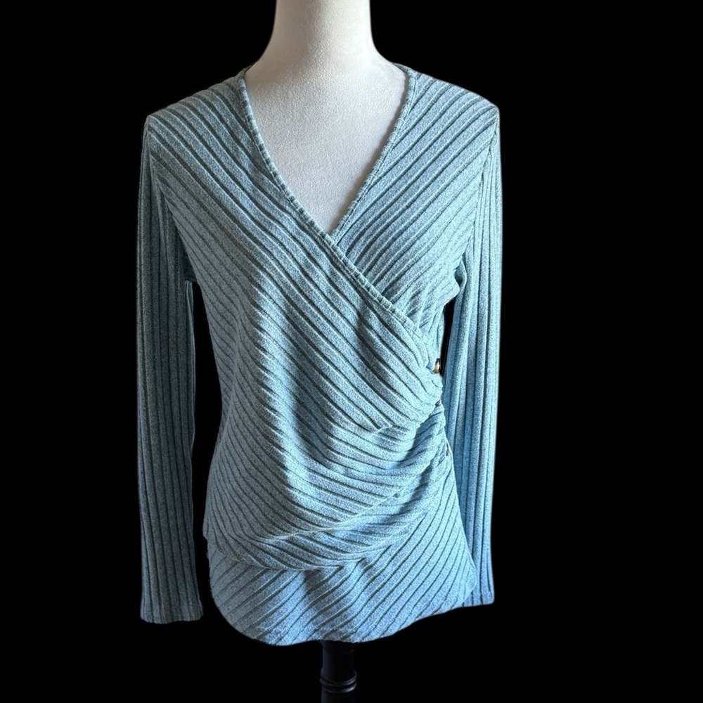 Pale Blue Ribbed Wrap Top with Button Runching - Picture 2 of 13